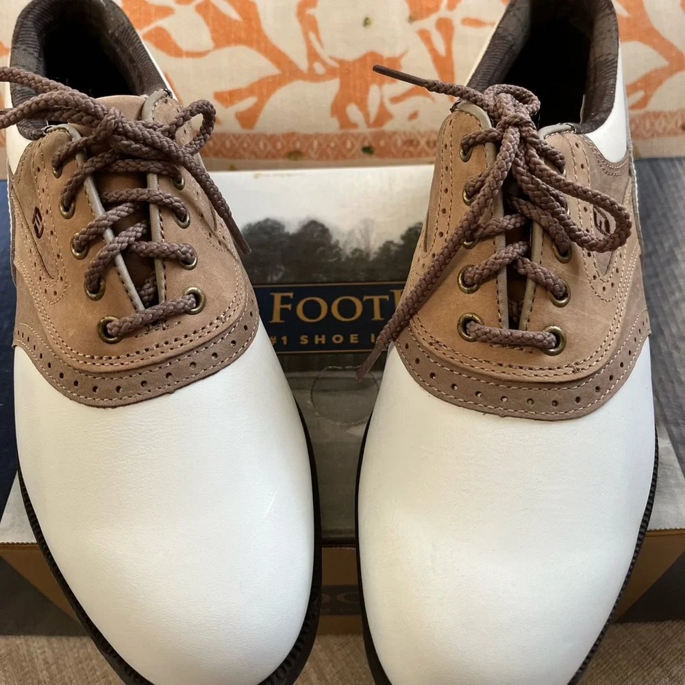 NWB FootJoy SoftJoys Terrains White and Tan Golf Shoes. Women's Size: 6.
